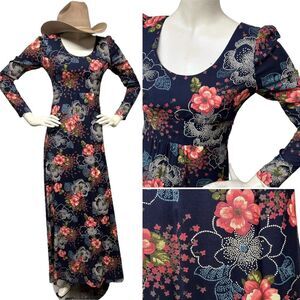 VINTAGE 70s Cottagecore Prairie Whimsigoth Floral Western Maxi Dress XS S 0 2 4